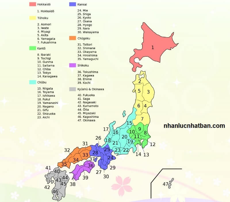 Bản đồ Nhật Bản 47 tỉnh thành